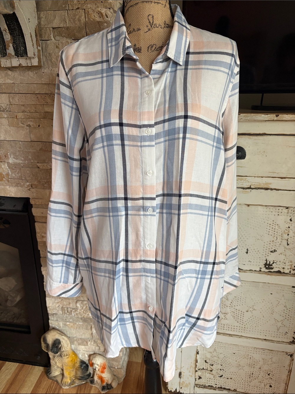 Barbour Baymouth plaid tunic button down collar shirt pink baby blue pockets